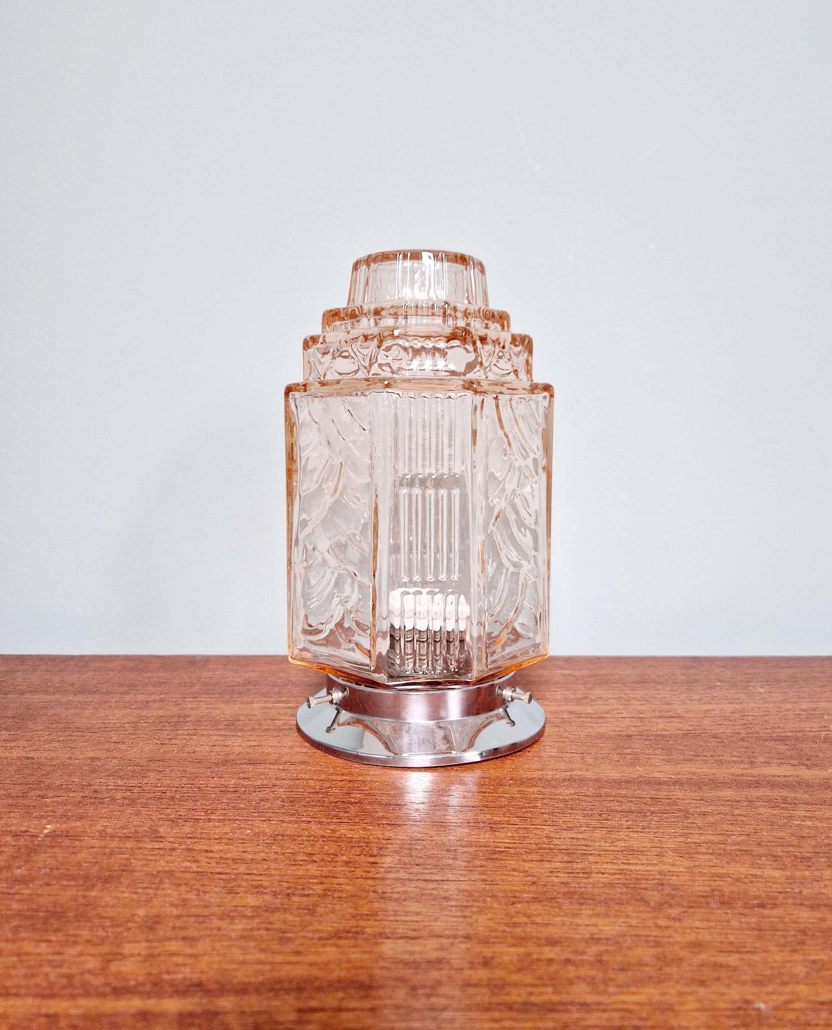 Art Deco Skyscraper Ceiling Light in Clear Pink Glass, 1920s-30s