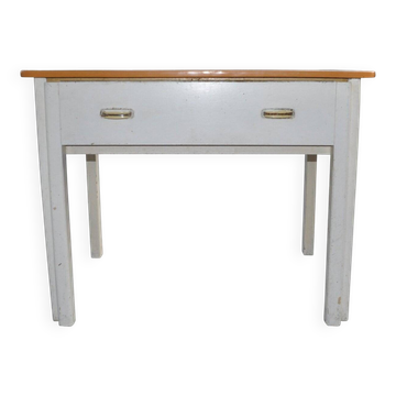 Table rustique vintage en bois peint marron et blanc avec 2 bassins, 1940s