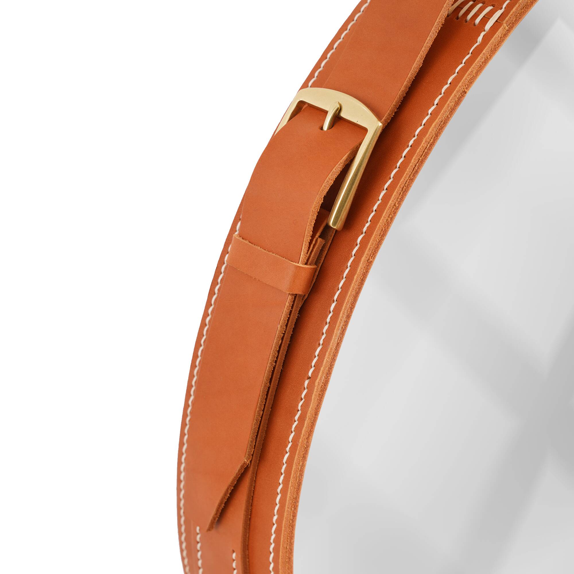Handmade J. Adnet style mirror in tan color veg-tanned leather, ø 70 cm