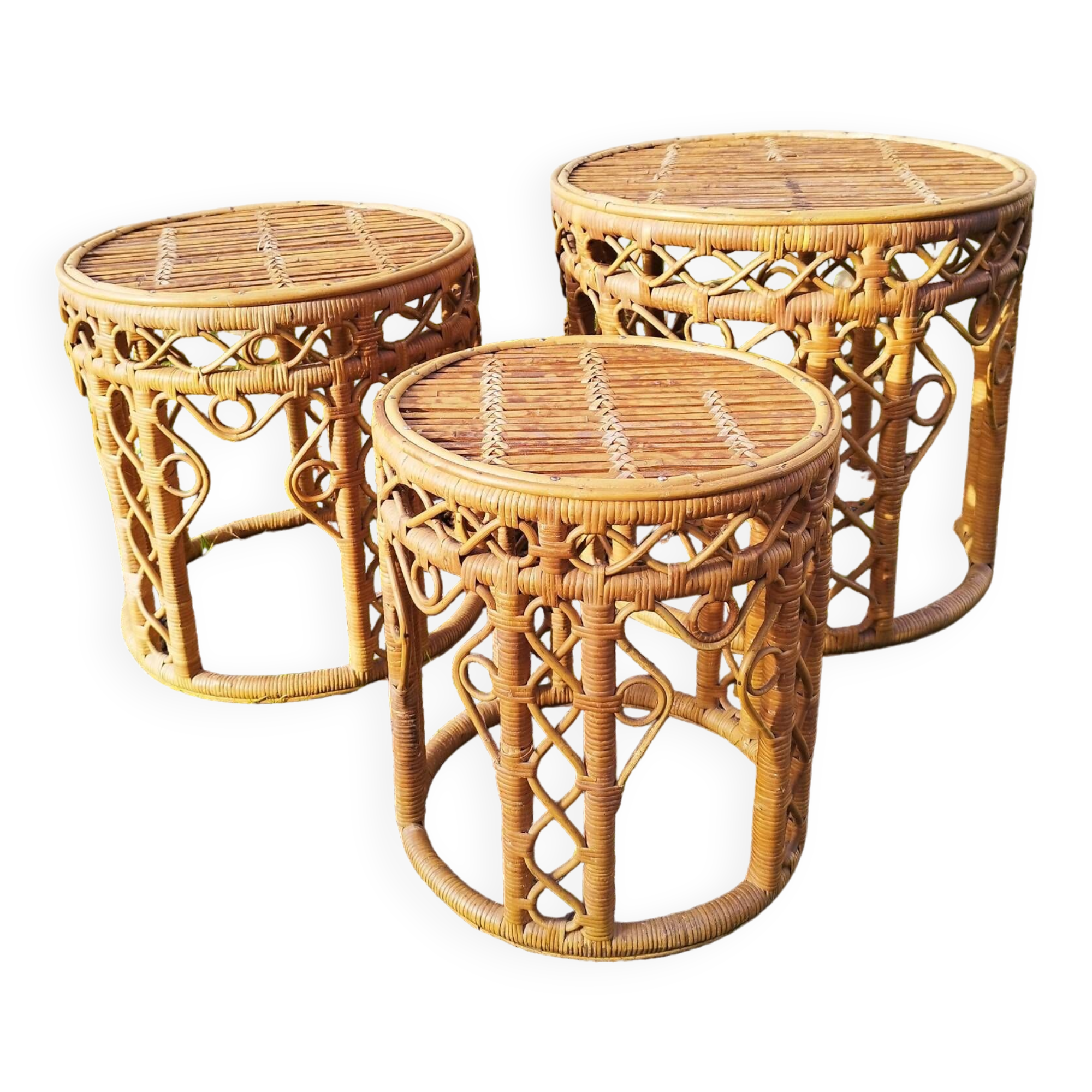 Vintage peacock rattan wicker nesting side tables