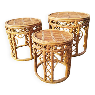 Vintage peacock rattan wicker nesting side tables