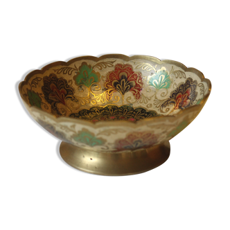 1970s brass trinket bowl with cloisonne decorations, vintage