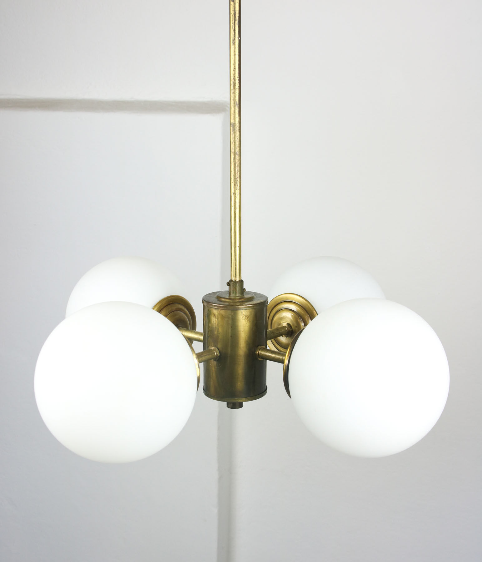 Mid-century Brass and Opaline Chandelier