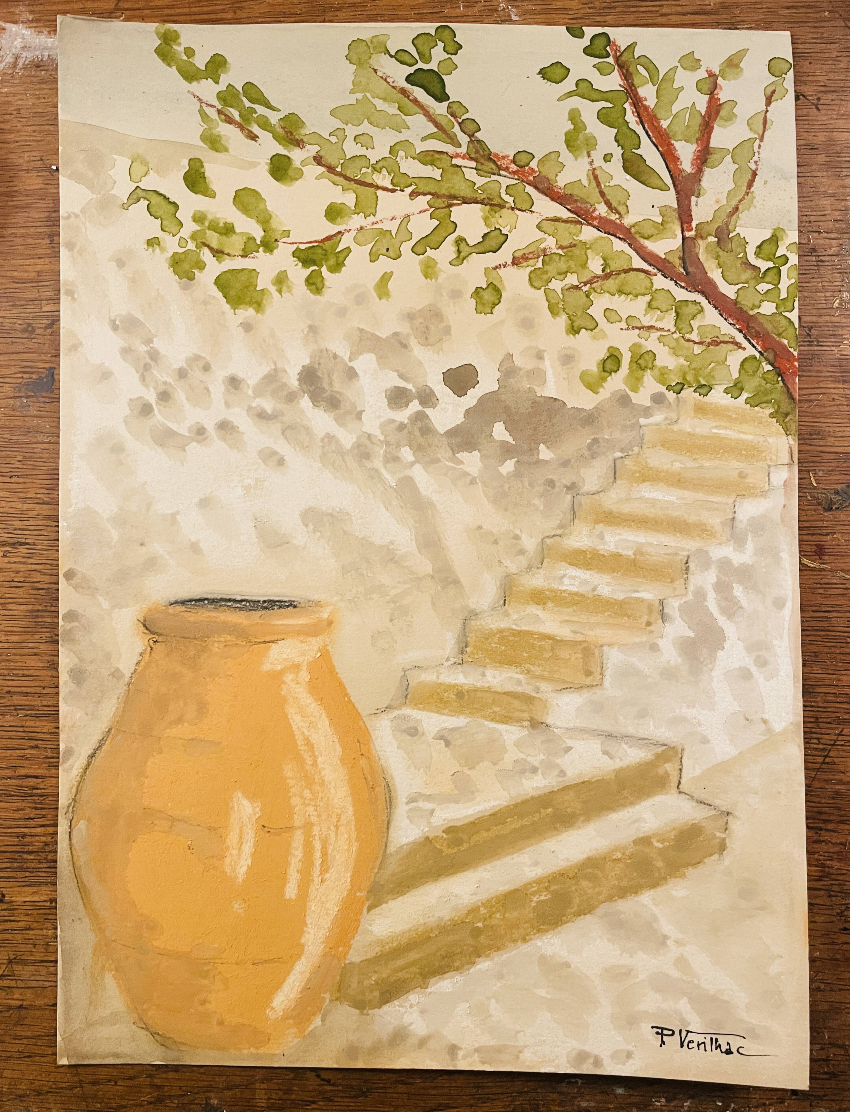 Signed pastel and watercolor painting of a Provençal landscape "the staircase"