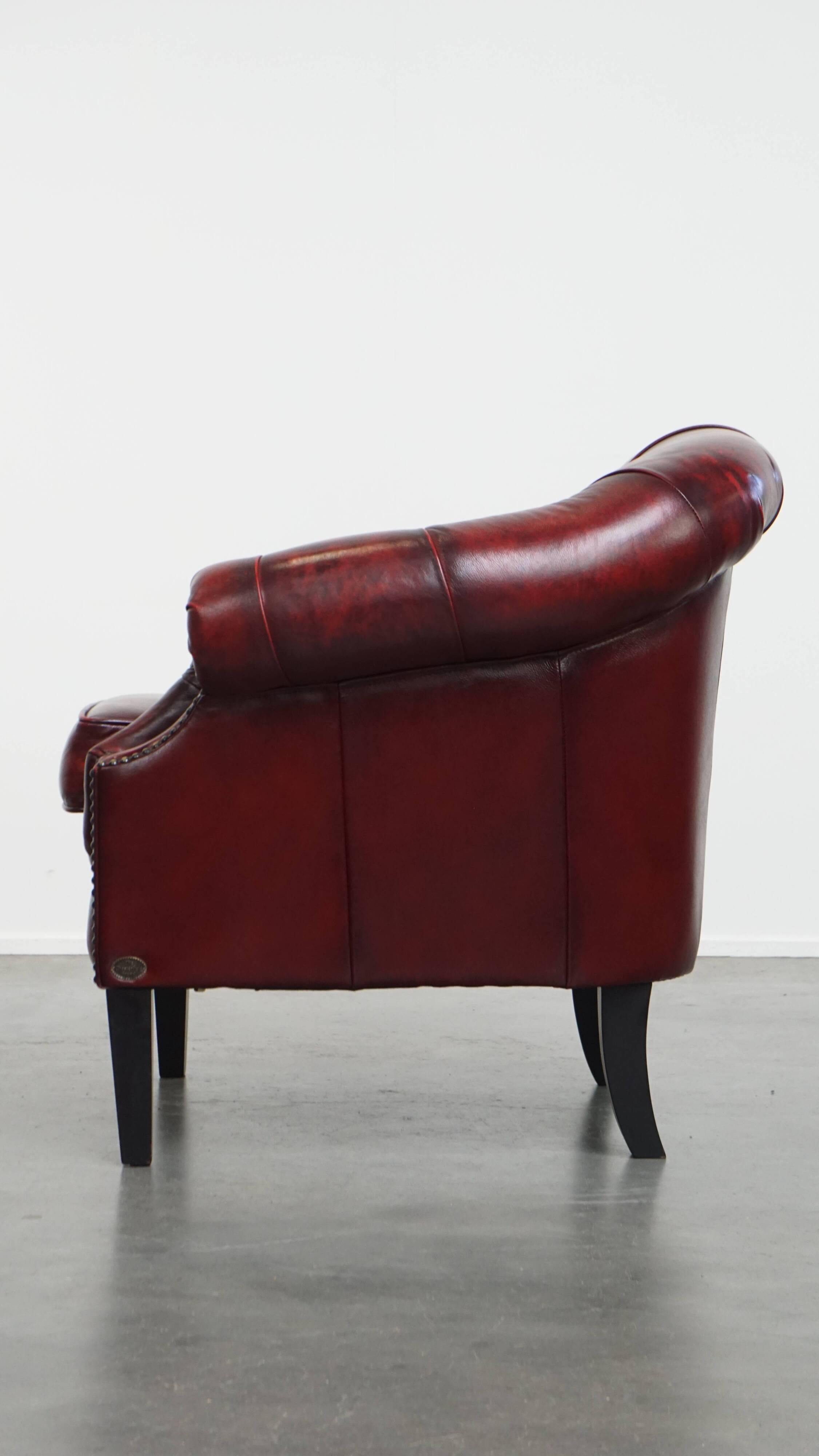 Set of a Red Cowhide Leather Chesterfield Club Chair and Side Table