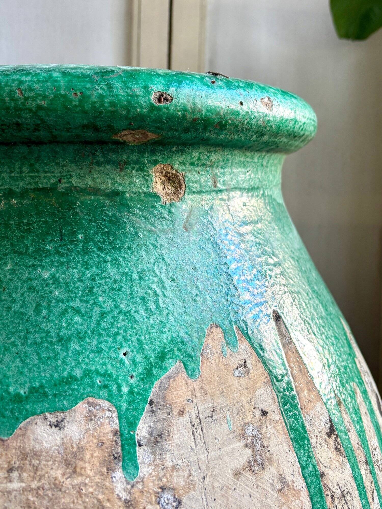 Biot jar, plant pot in beige and green glazed ceramic