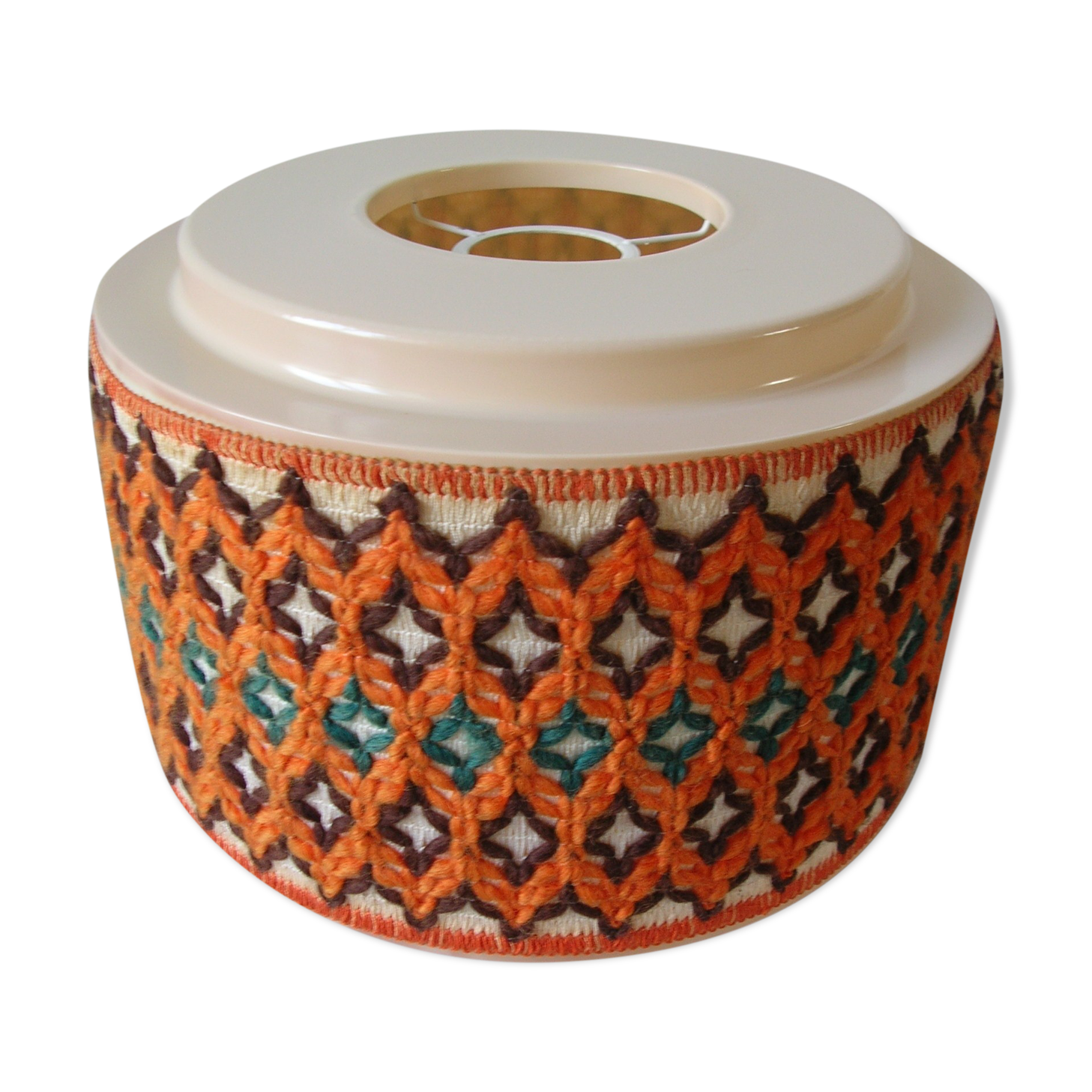 Abat jour de lampe années 1970 en celluloïd pourtour crochet en laine broderie tricot