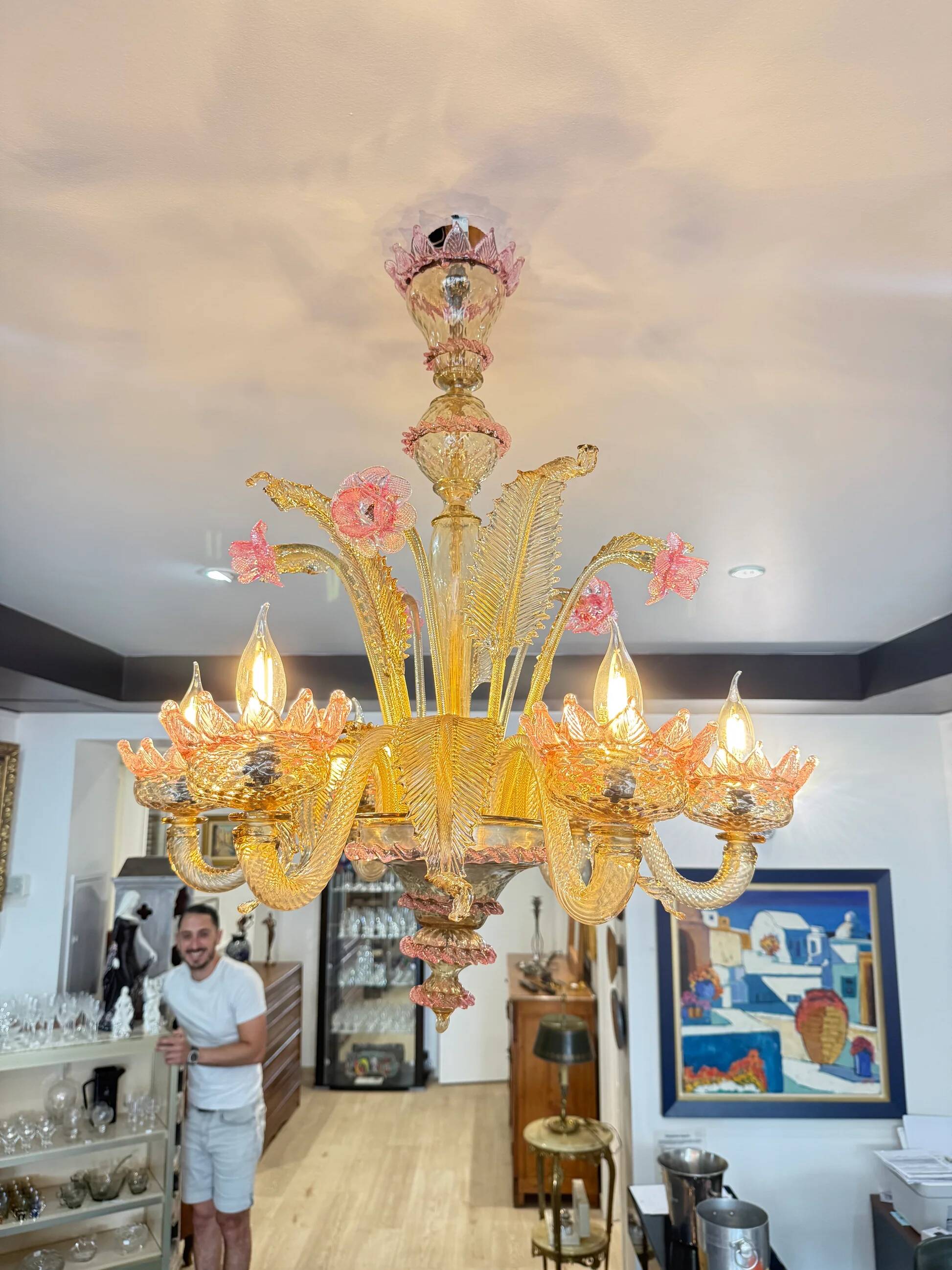 Venetian glass chandelier with pink and gold floral decoration – 6 lights