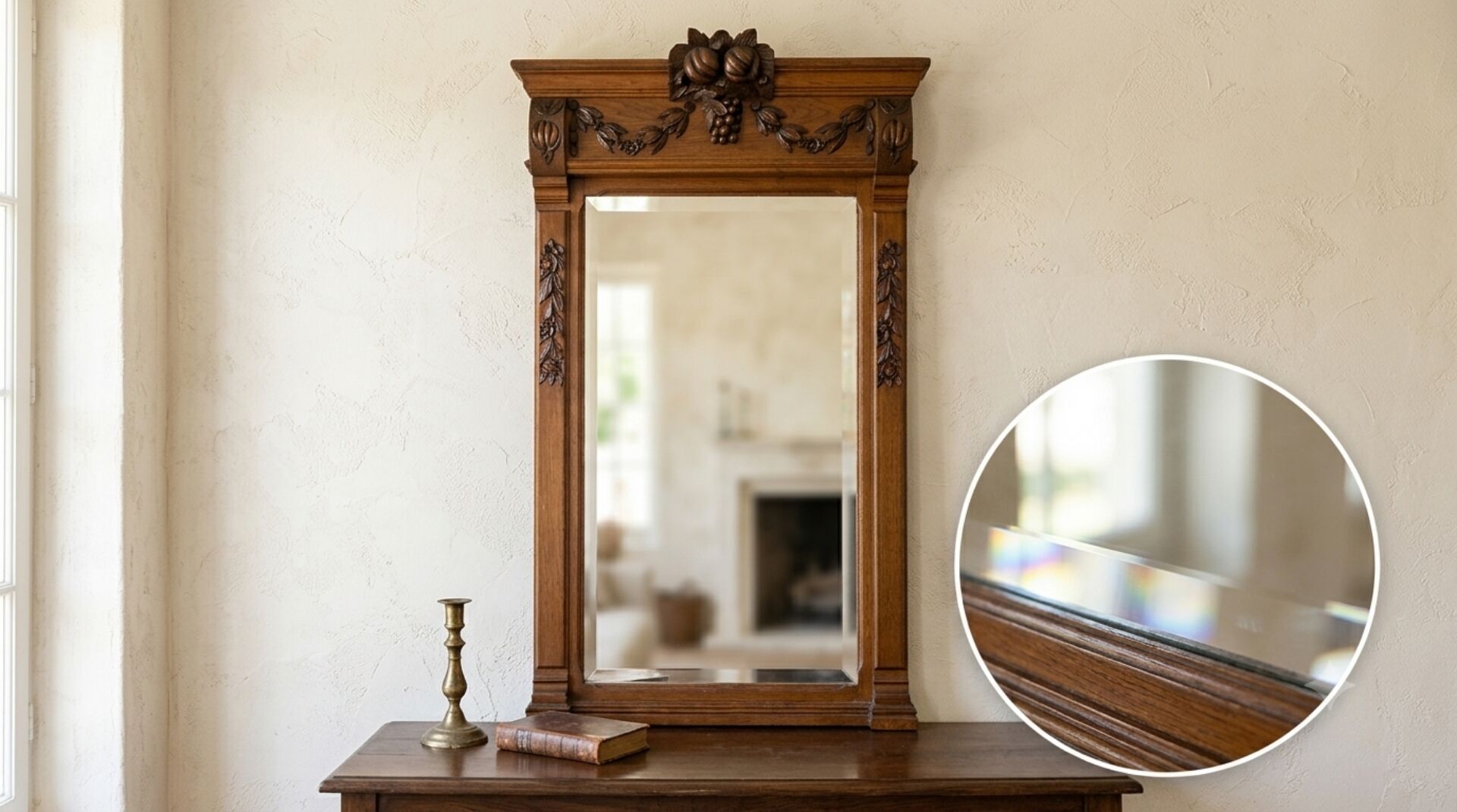 Bevelled mirror in carved wood