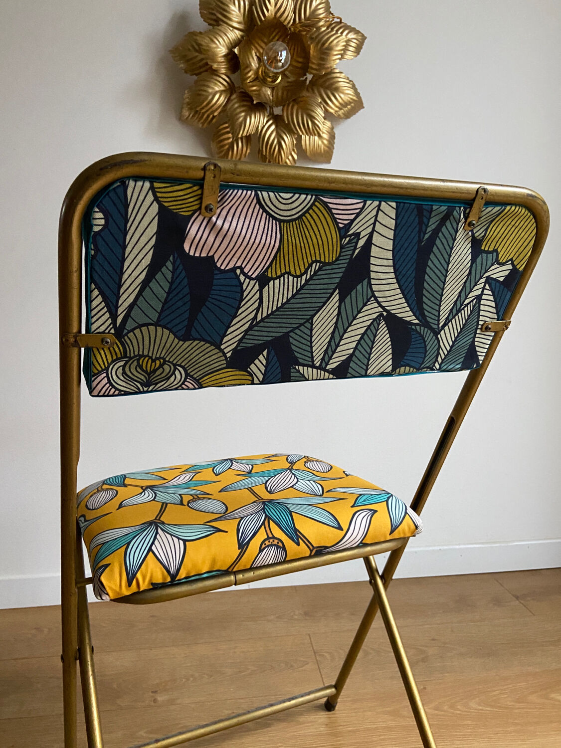 Vintage folding chair lafuma revisited yellow and blue floral fabrics