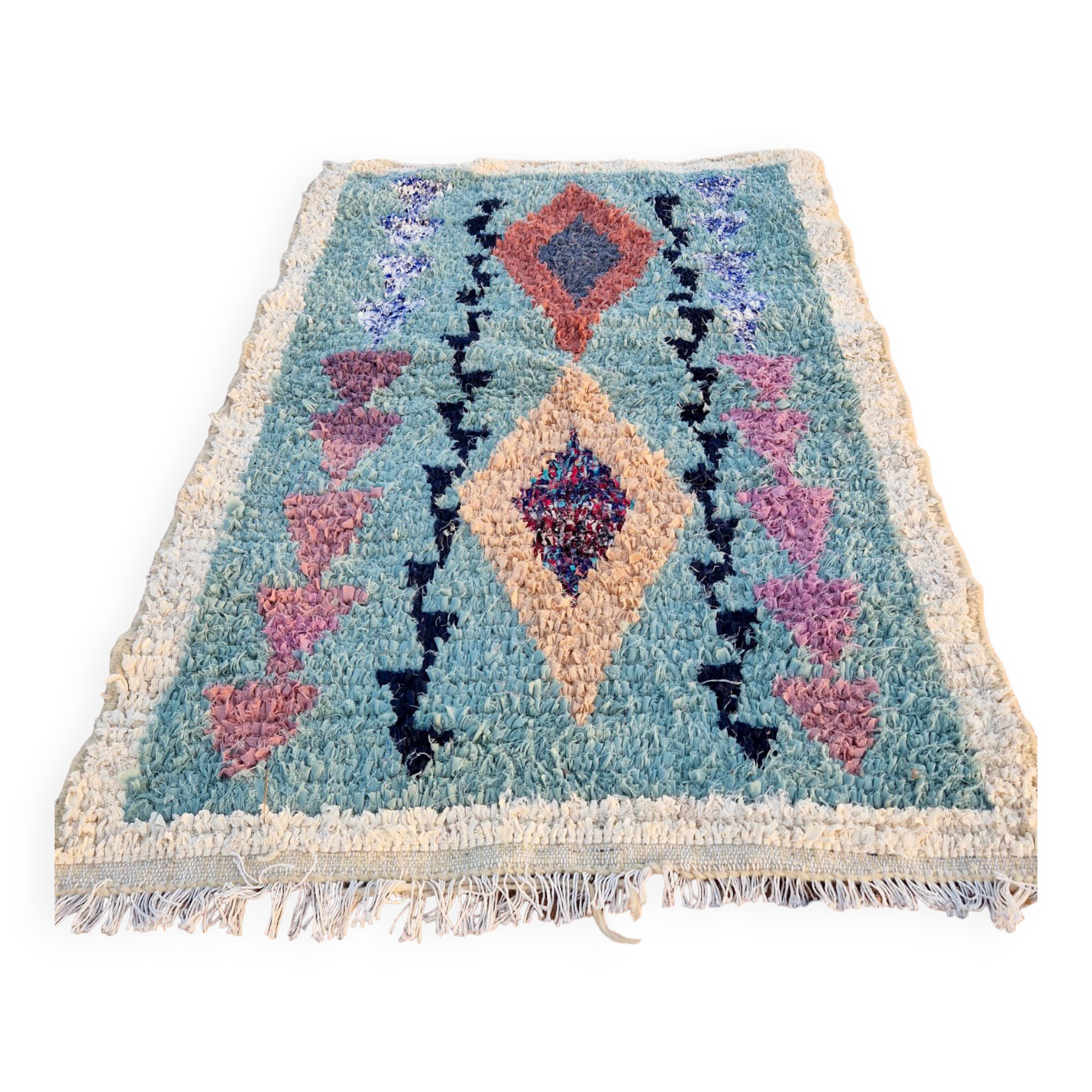 Moroccan Berber carpet Boucherouite light blue