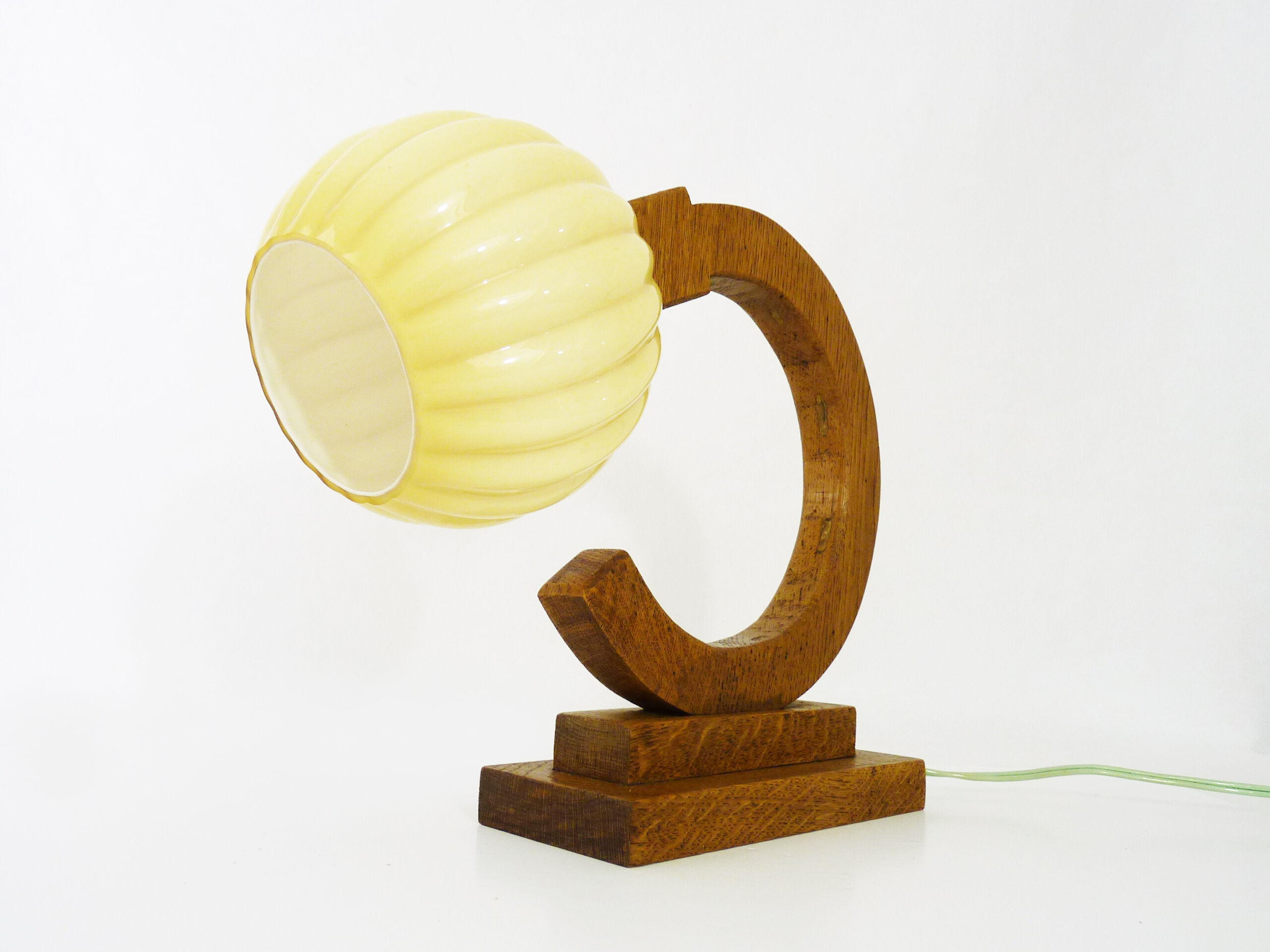 Art deco modernist wooden table lamp globe in yellow glass