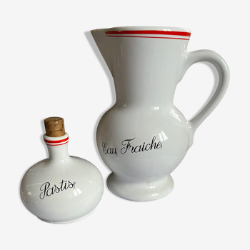 Lot de 2 pichets porcelaine blancs filets rouge :  eau fraîche + pastis +4 verres