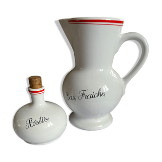 Lot de 2 pichets porcelaine blancs filets rouge :  eau fraîche + pastis +4 verres