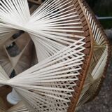 Pair of vintage wooden and rattan straw pendant lights.