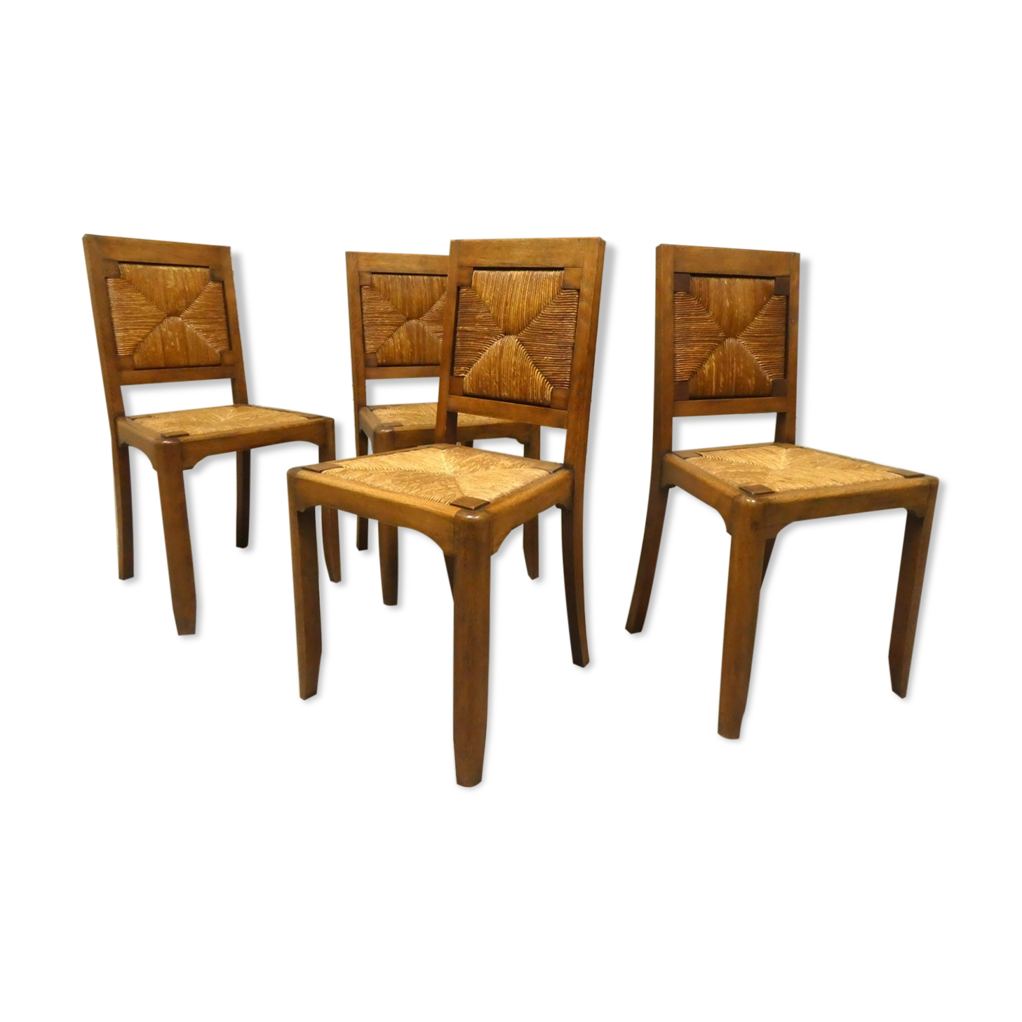 Set of 4 oak and straw chairs, 1950