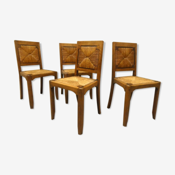 Série de 4 chaises en chêne et paille, 1950