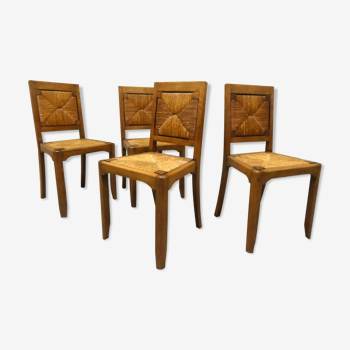 Set of 4 oak and straw chairs, 1950