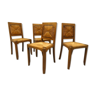 Série de 4 chaises en chêne et paille, 1950