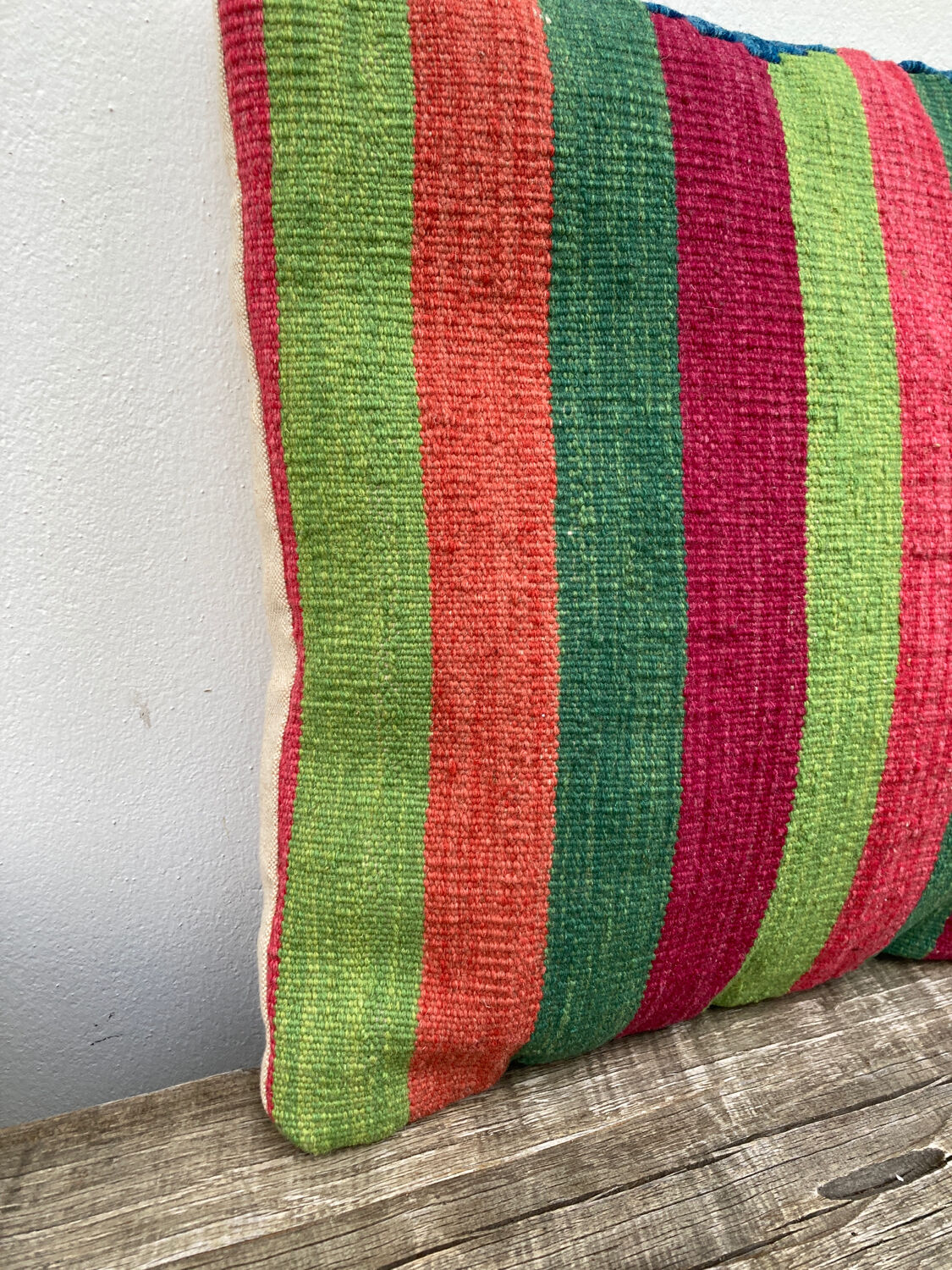 Turkish kilim cushion with stripes green red orange and blue 50x50cm