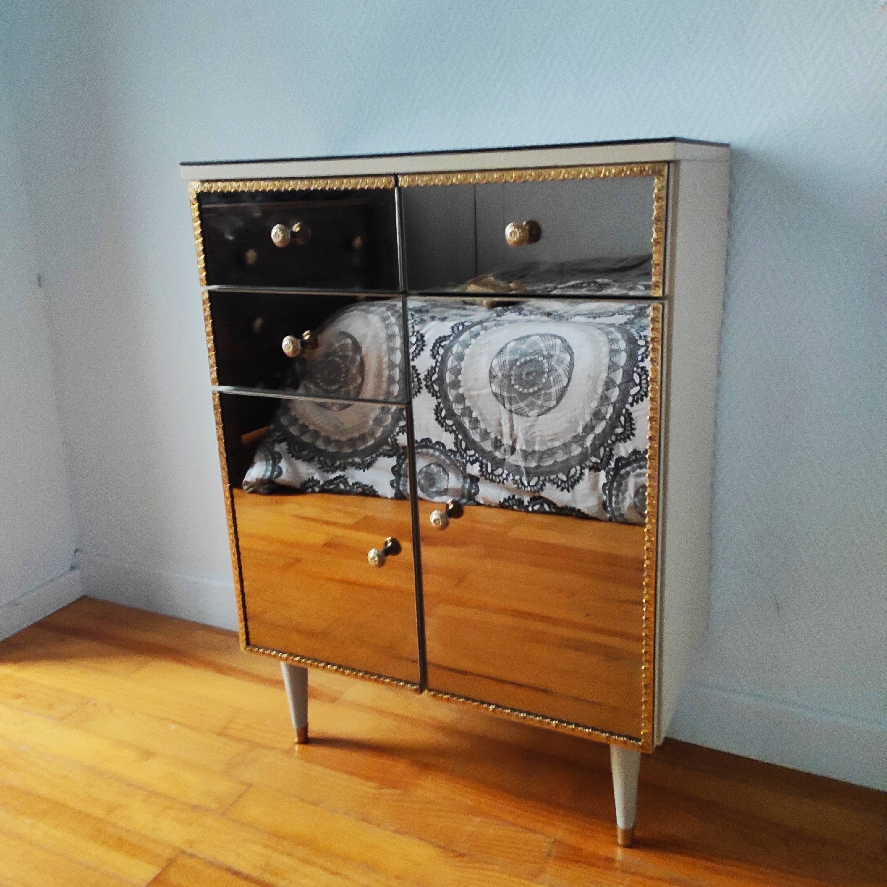 Commode vintage Italienne 1970 en verre miroir