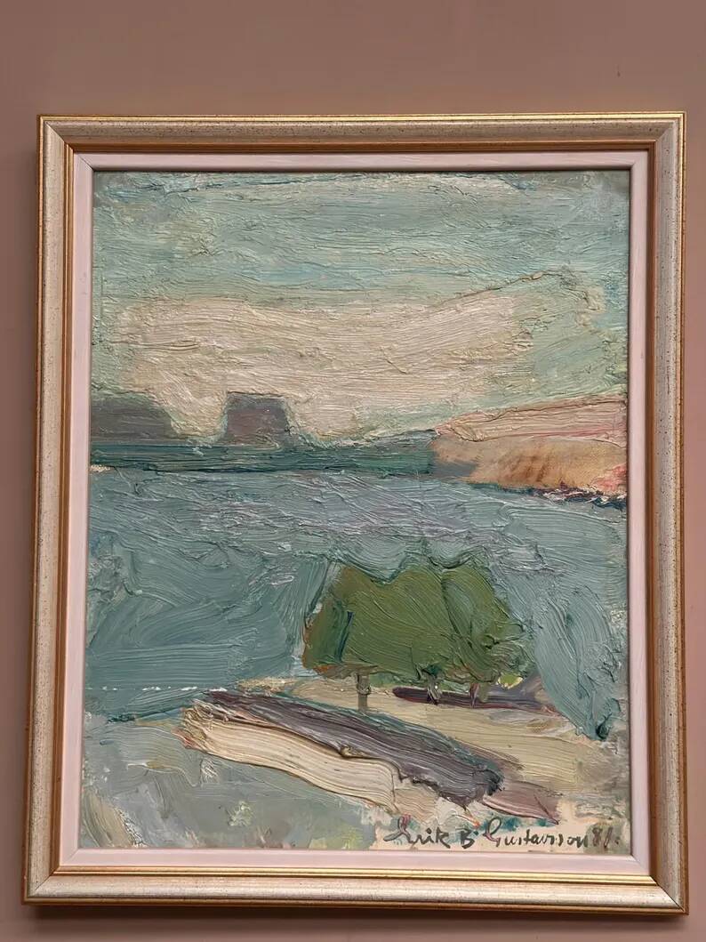 Original Swedish Oil on Canvas – "Coastal Landscape" by Erik Birger Gustavsson – Signed – Dated 1981 – Vintage and Framed – 41 × 33 cm (16.1 × 13 inches)