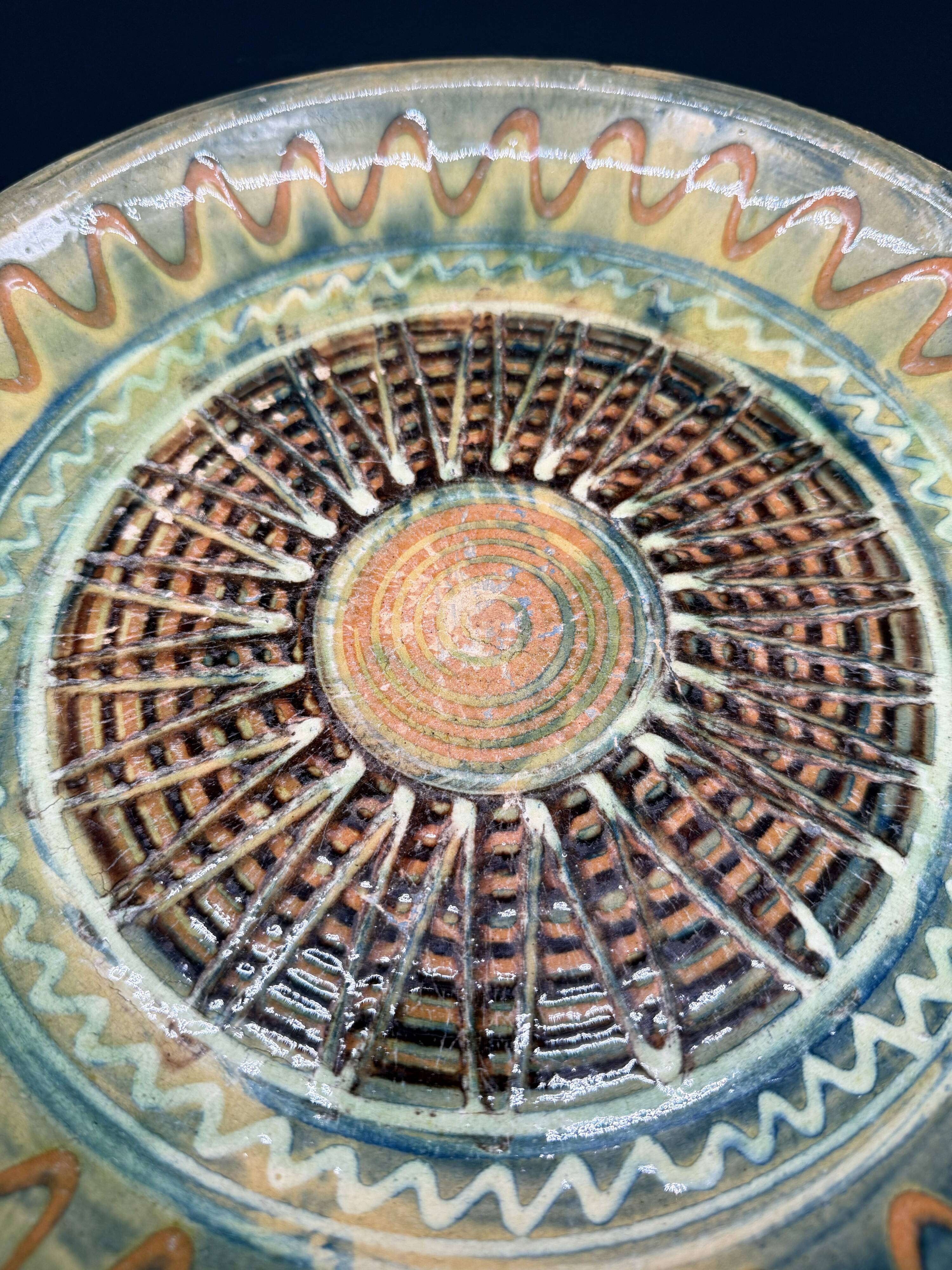 Large decorative glazed ceramic dish – solar motif, 1960s–1970s