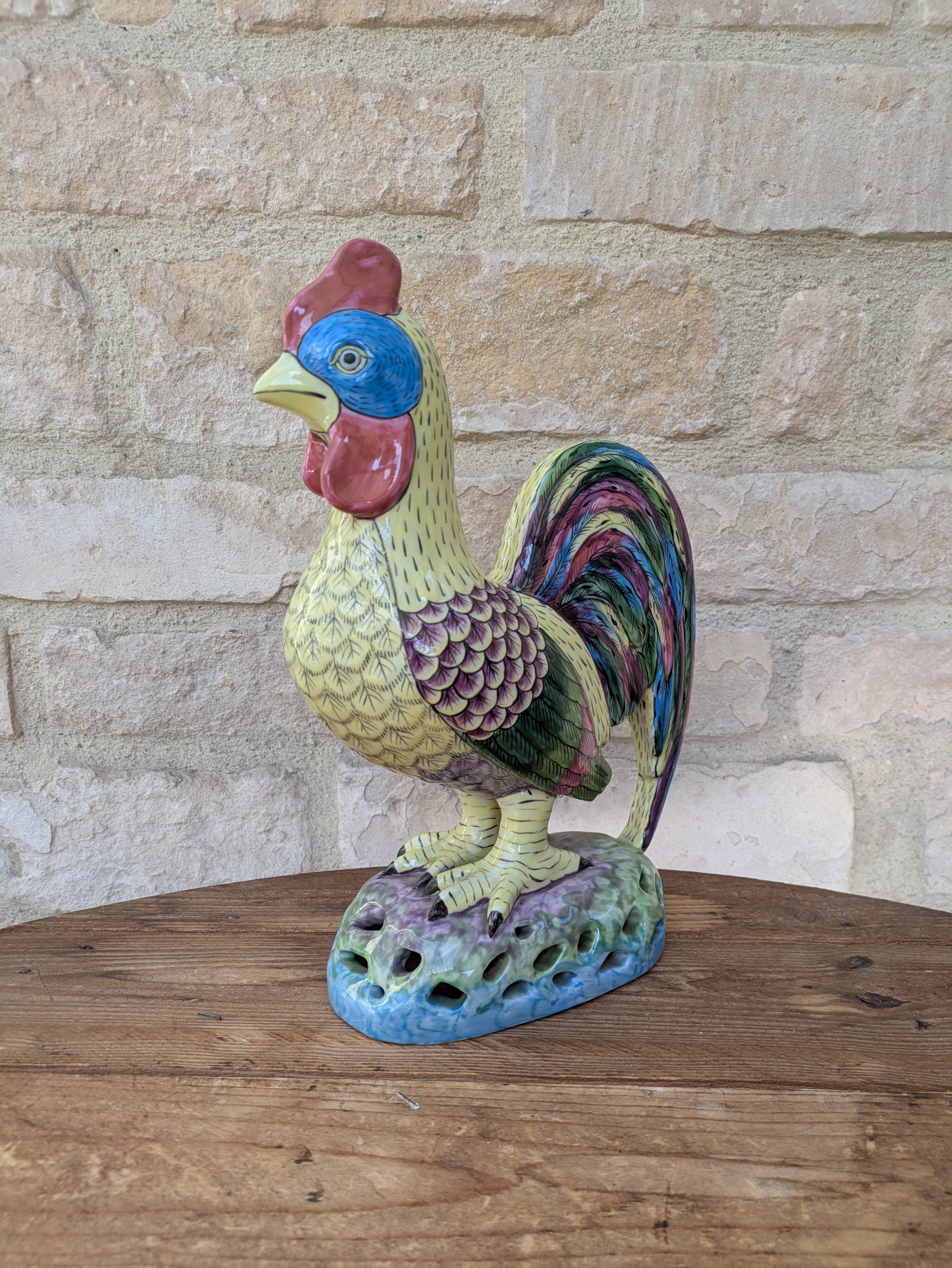 Polychrome decorative rooster in Paris Porcelain statue H30cm