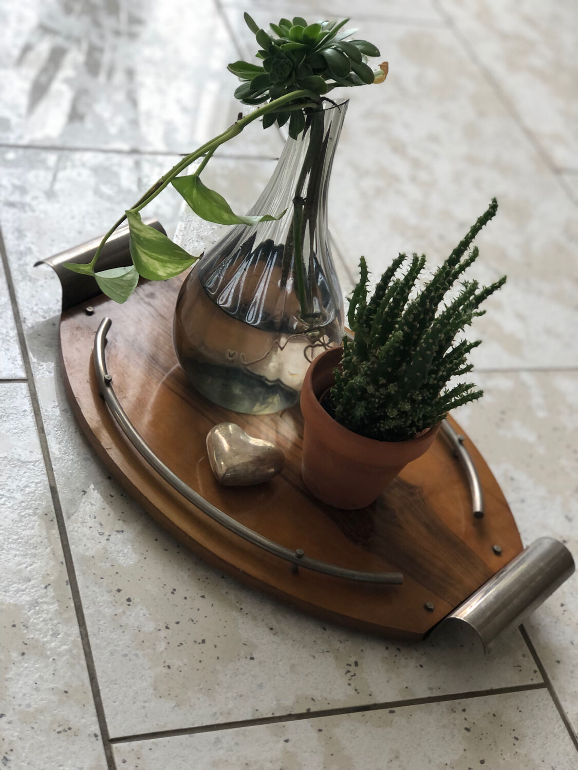 Vintage wood and metal tray for cheeses or decoration