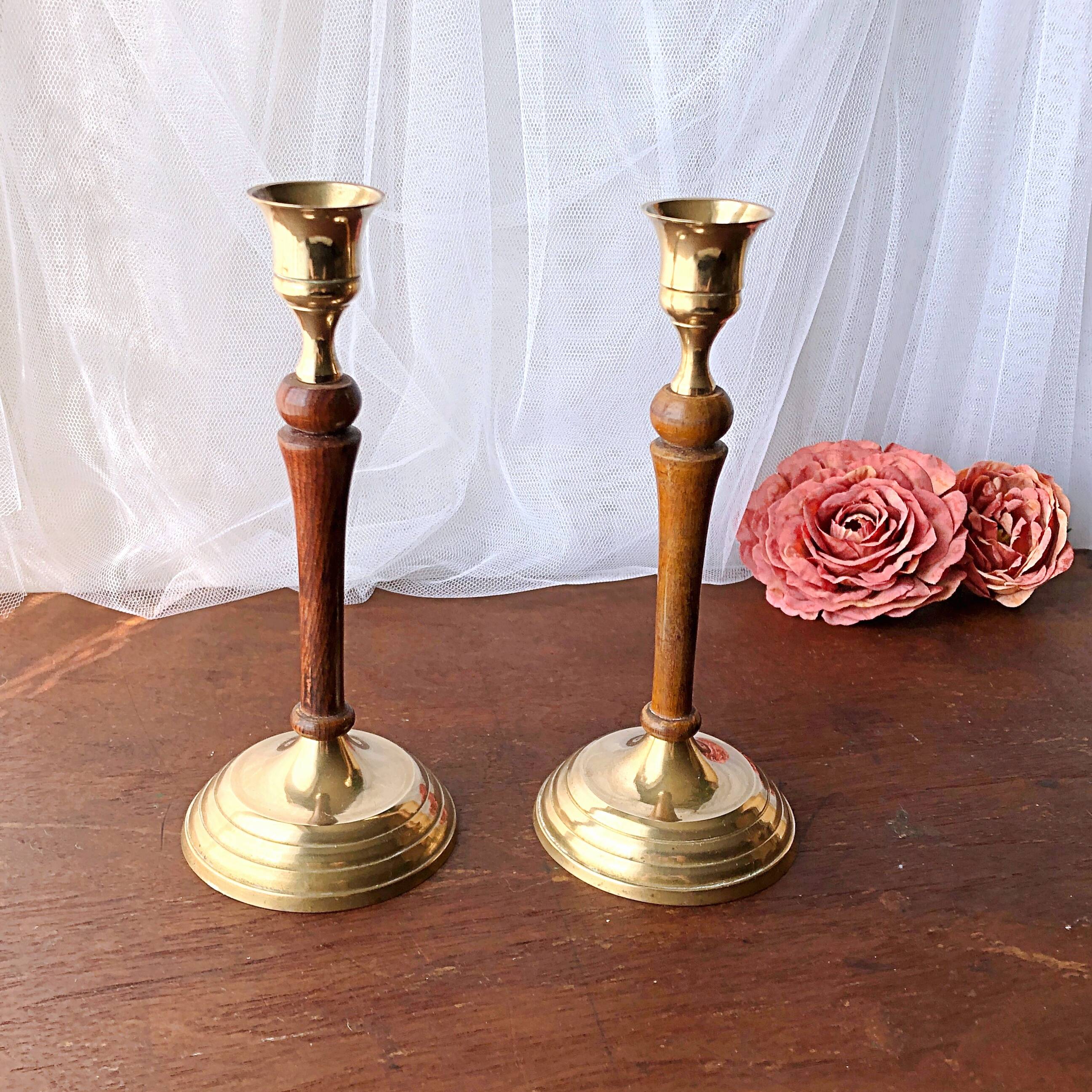 Pair of gilded brass and vintage Indian wood candlesticks