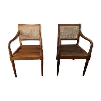 Pair of wood and cane armchairs