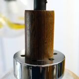 1970s teak, chrome metal and glass 3-globe pendant chandelier