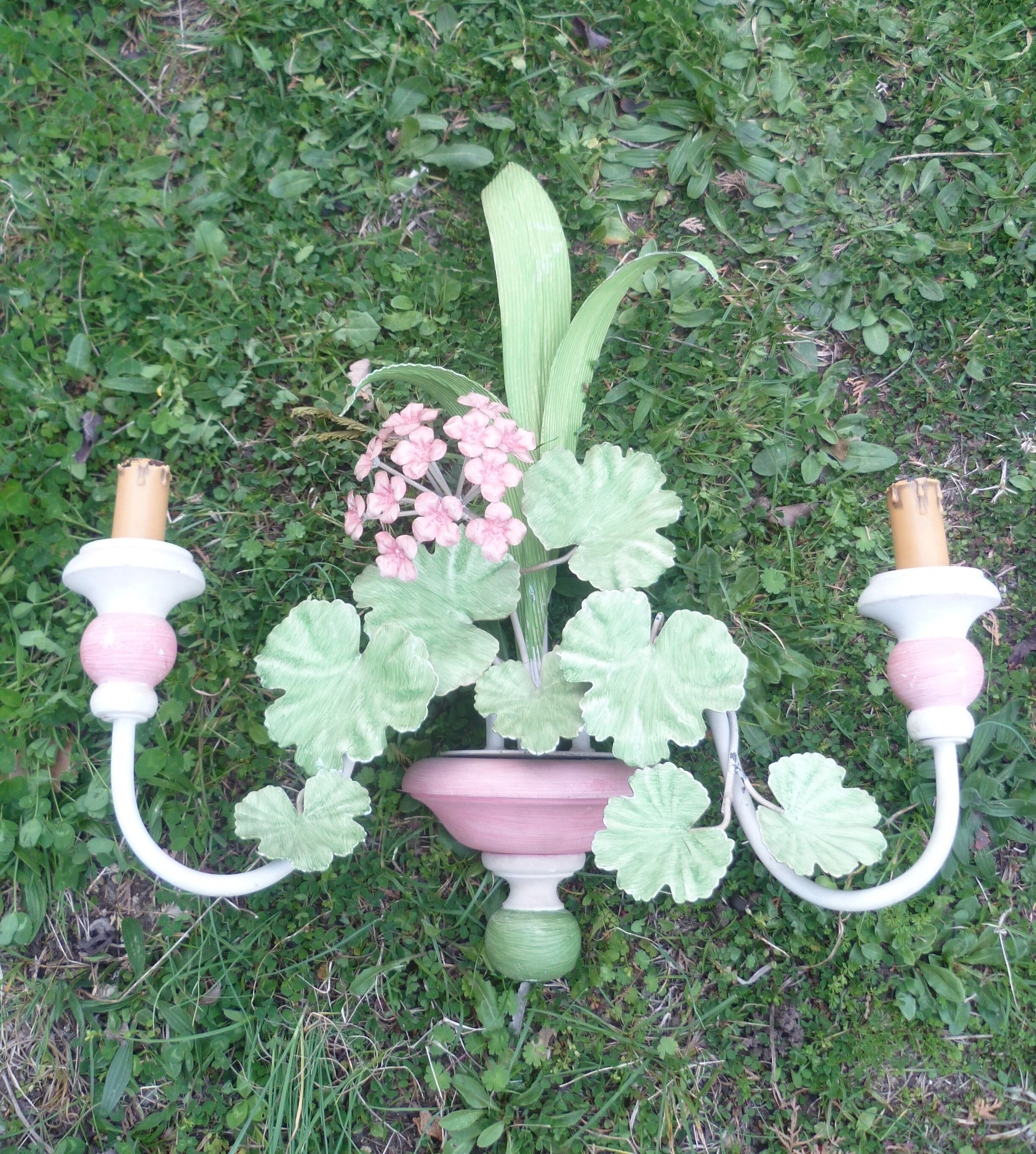 Pair of metal sconces painted spring flowers vintage