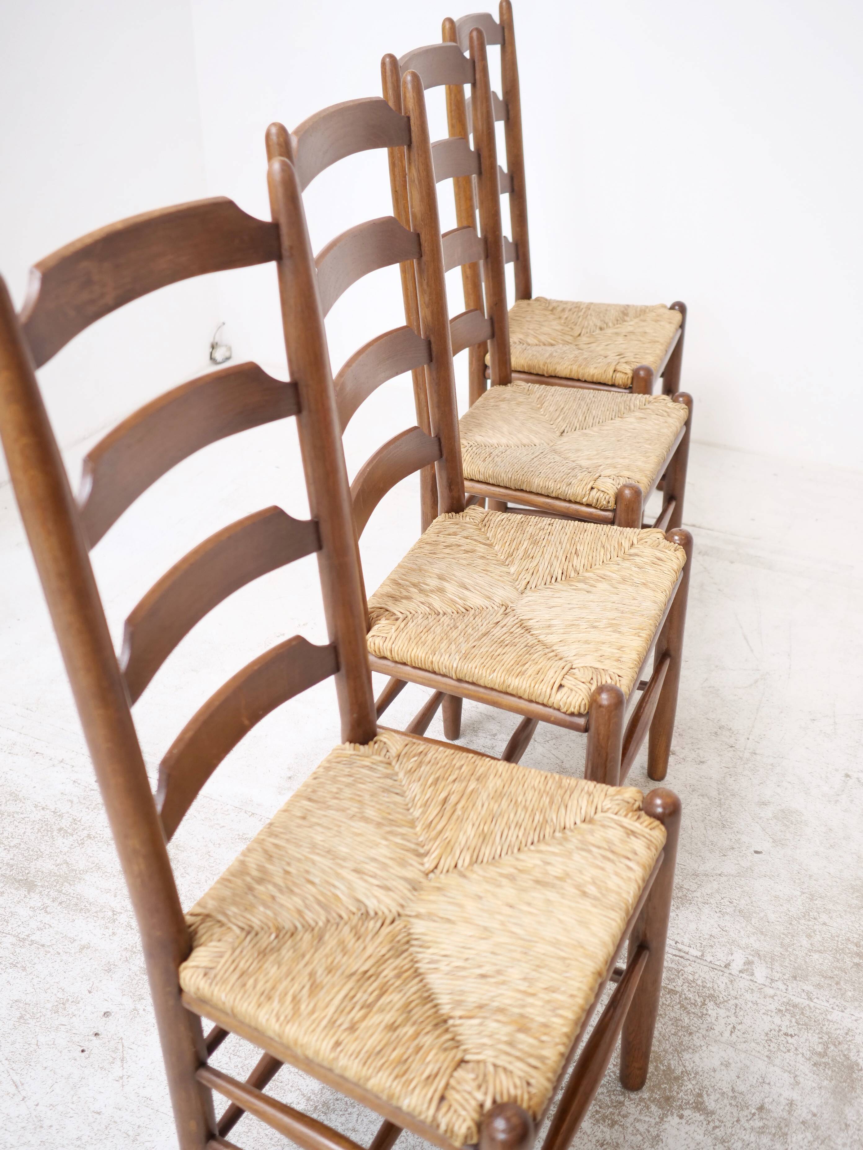 Architectural high-back chairs, straw seat, set of 4.