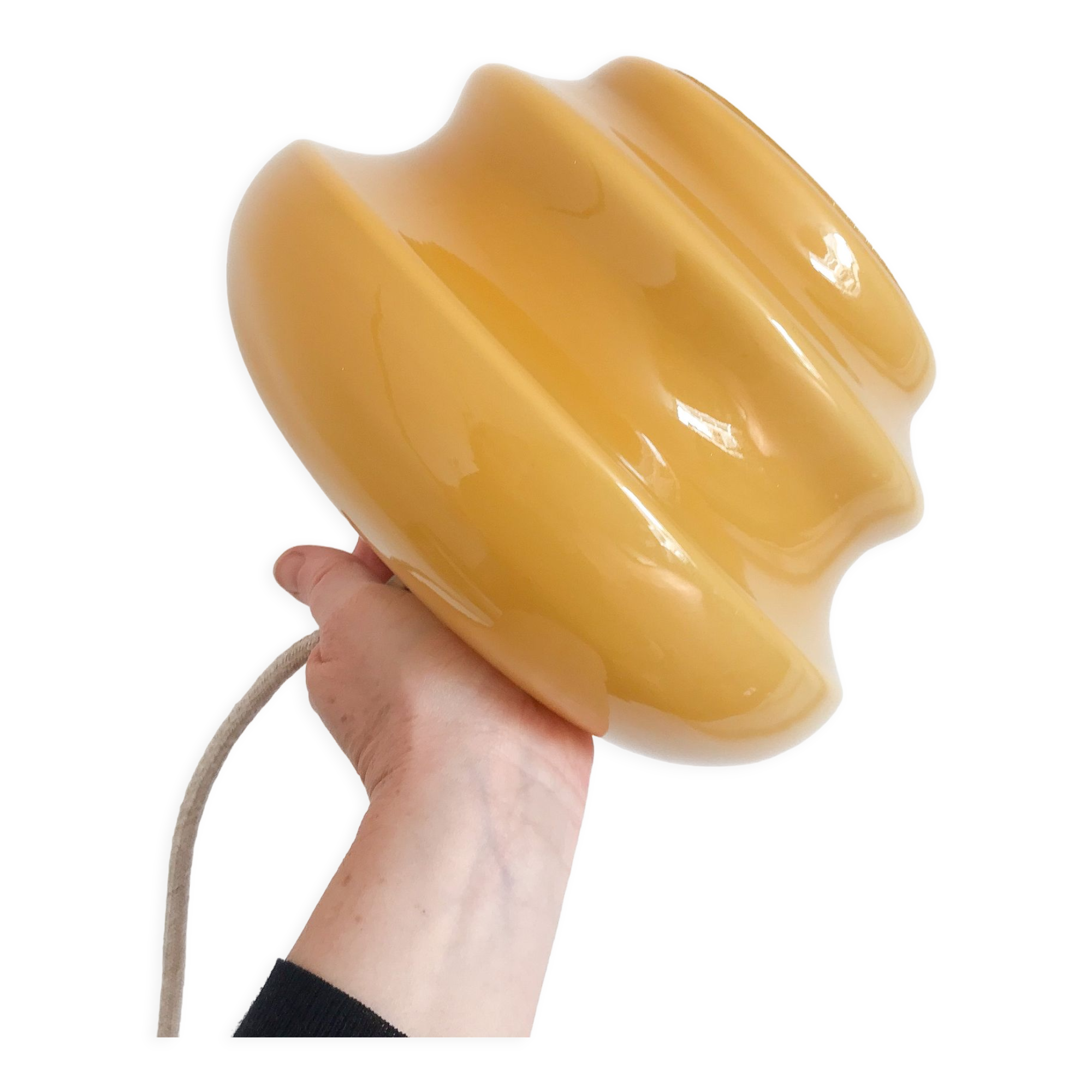 Suspension vintage opaline jaune moutarde