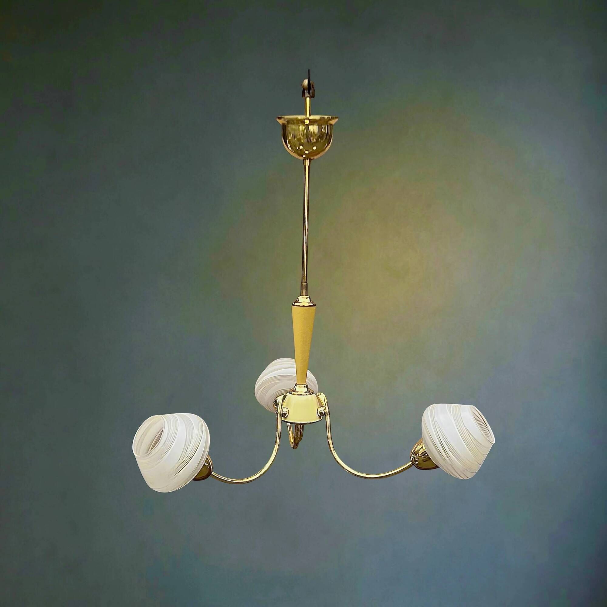 Three-light chandelier in brass and striated opaline glass – 1950s-60s