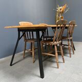 Handmade industrial oak dining table with black metal legs