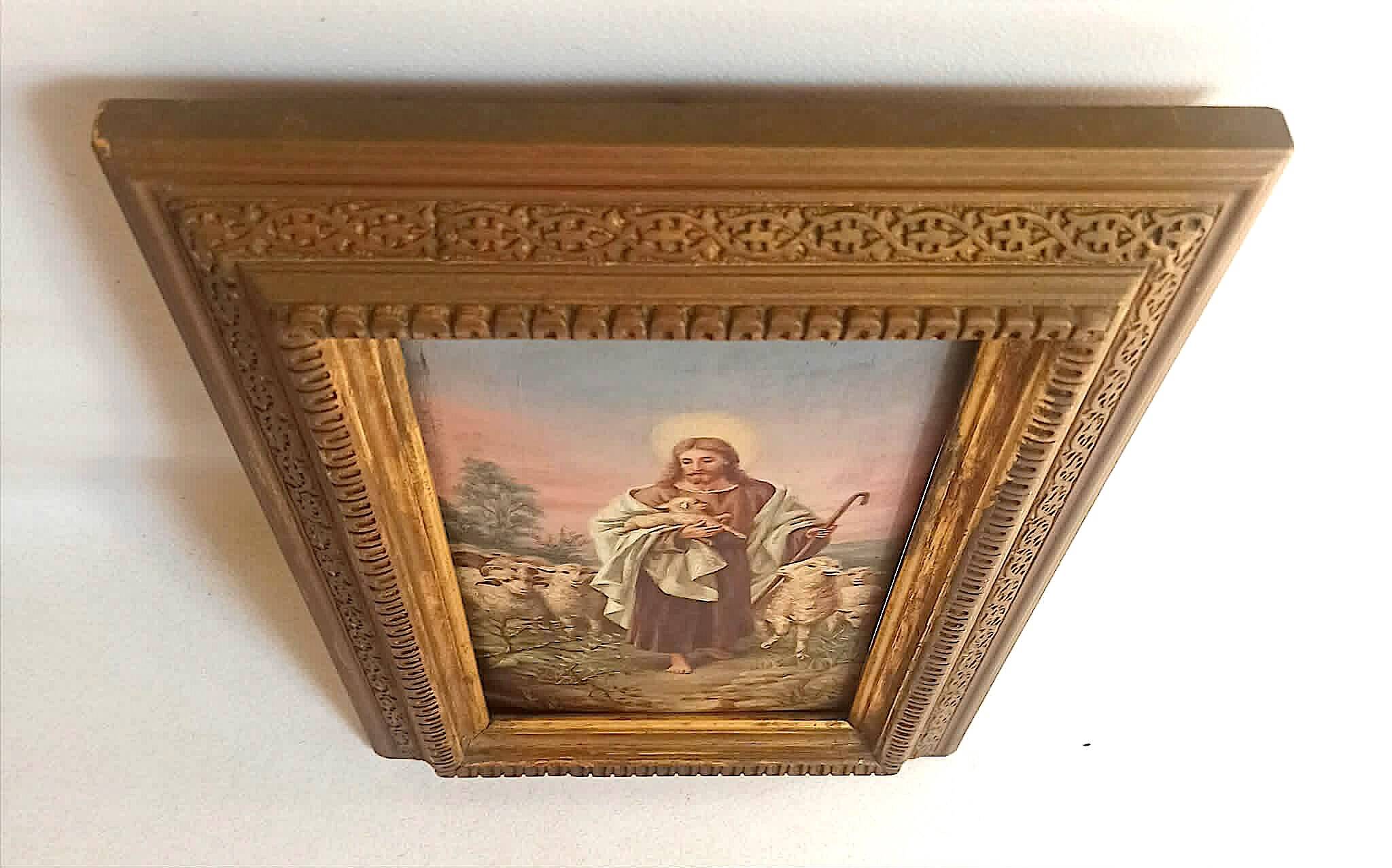 Oil painting on wood The Good Shepherd Christ Late 19th century