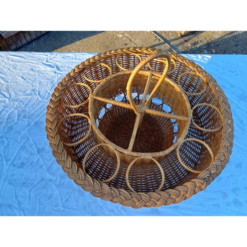 Panier vintage porte bouteilles et verres osier