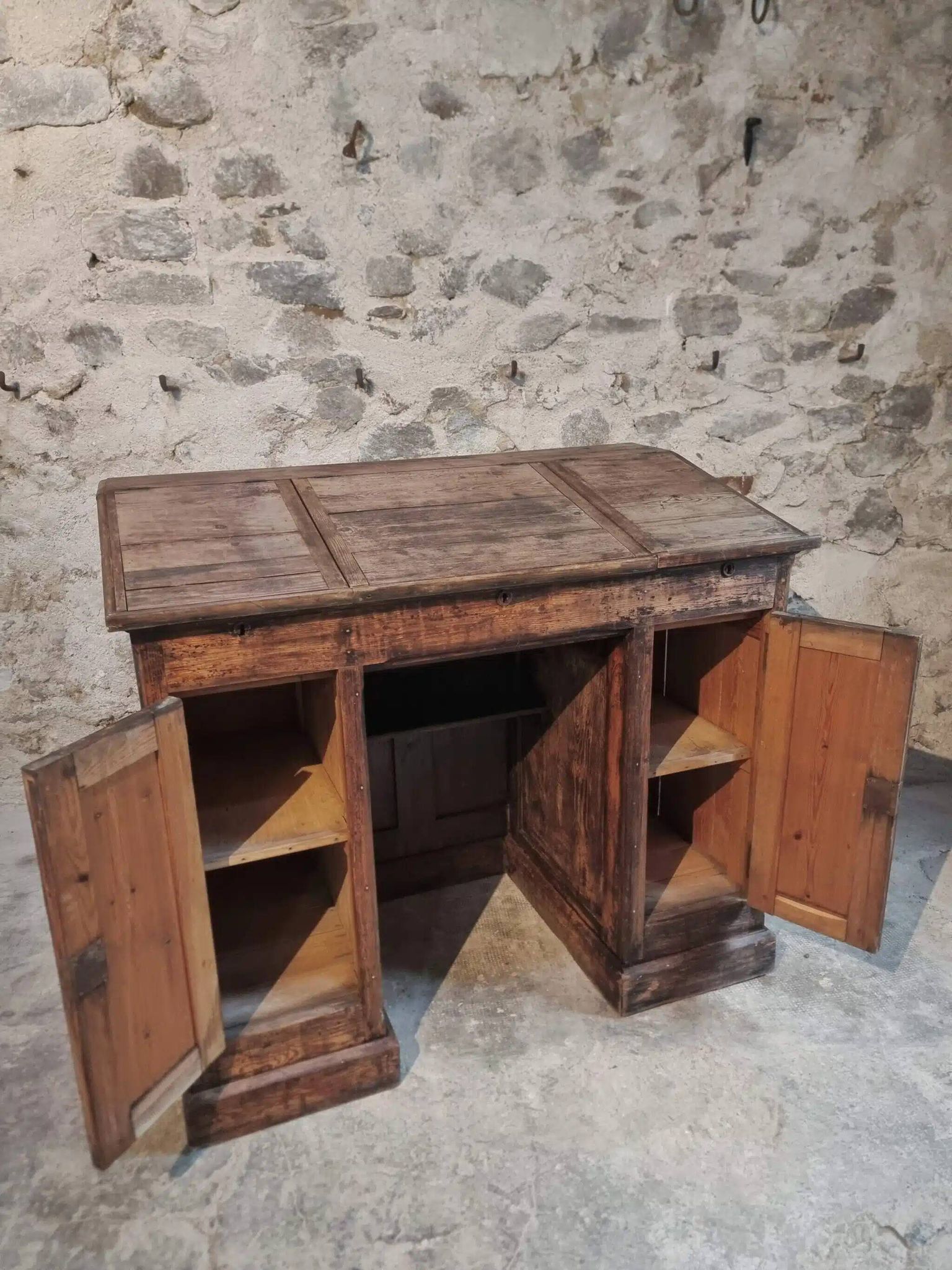Antique French pine desk – 1880, bar/counter unit with drop-leaf compartments – 65×120×106 cm