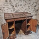 Bureau ancien en pin français – 1880, meuble bar / comptoir avec compartiments à abattants – 65×120×106 cm
