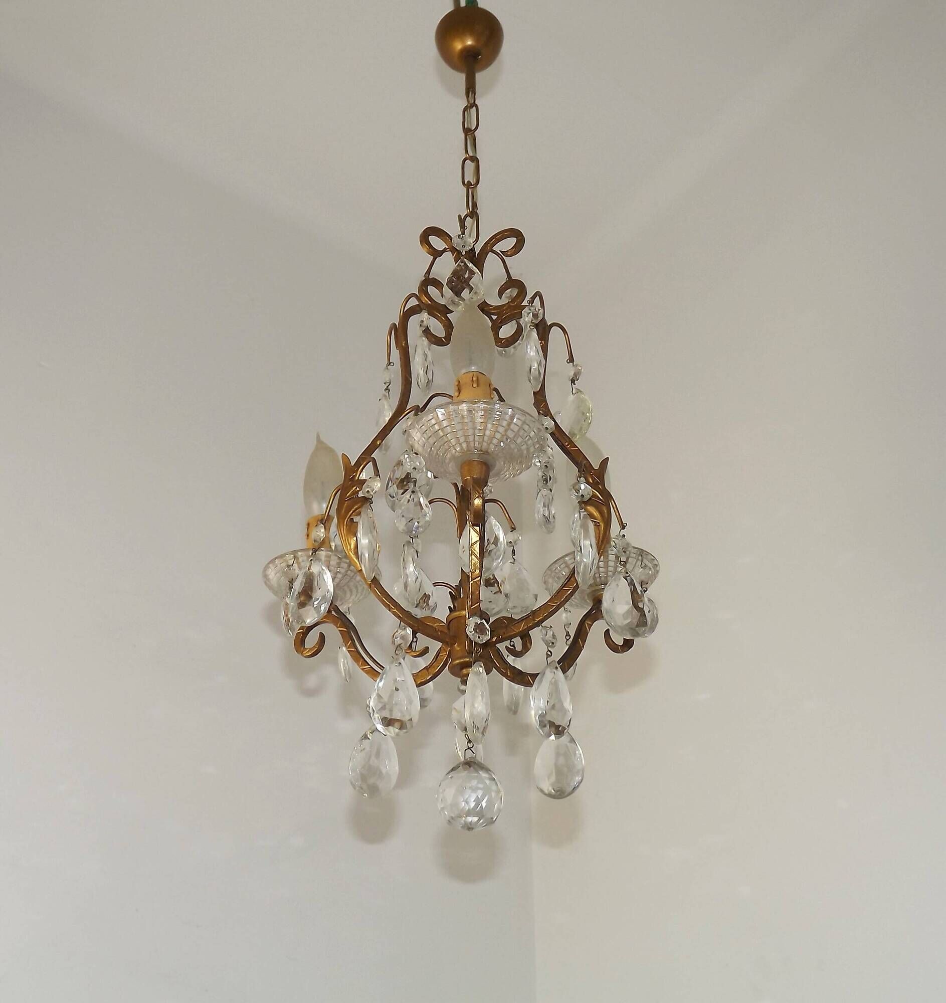 French Vintage Goldtone Metal & Crystal 3 Light Cage Chandelier 5502