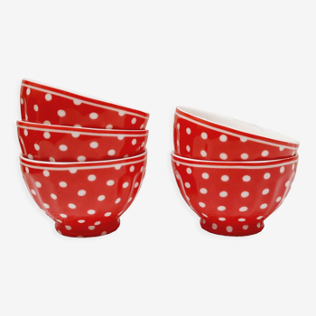 Set 5 red coffee bowls with white polka dots