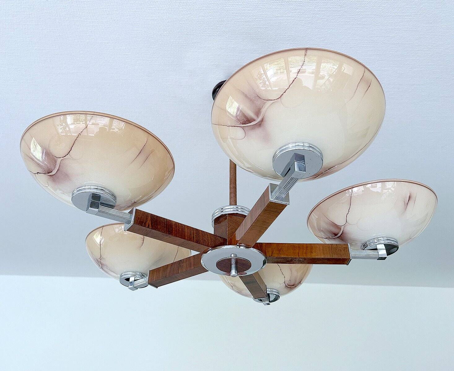 Large Art Deco pendant light in wood and glass, 1930s
