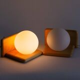 Duo of pine and opaline glass wall lights, 1980s