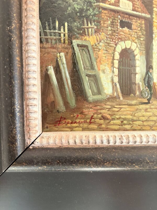 Ancien Tableau Huile Cuivre Jan Beekhout Scène de Rue Moyen Age Hollandais