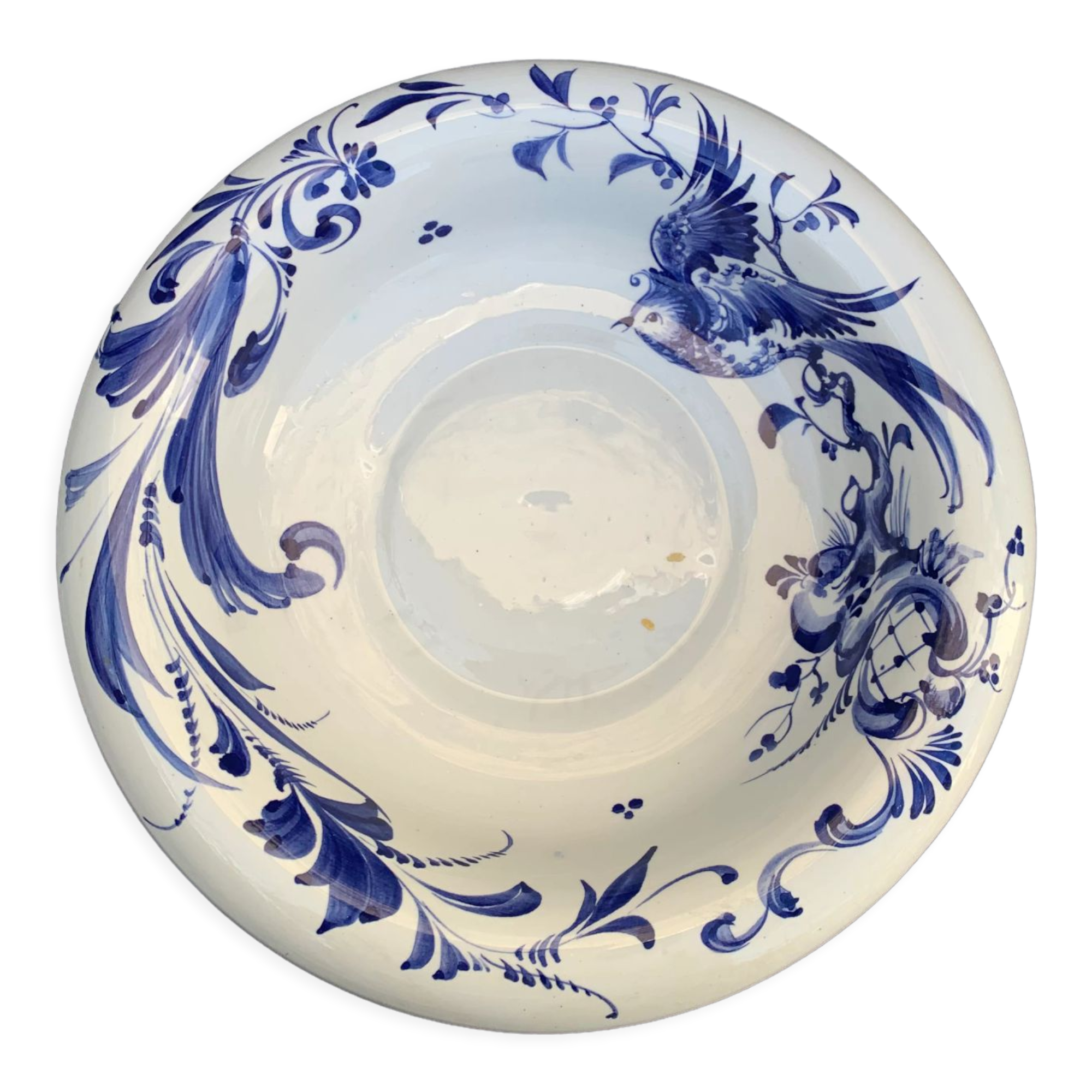 Hollow dish in enameled ceramic bird pattern hand painted Portugal numbered
