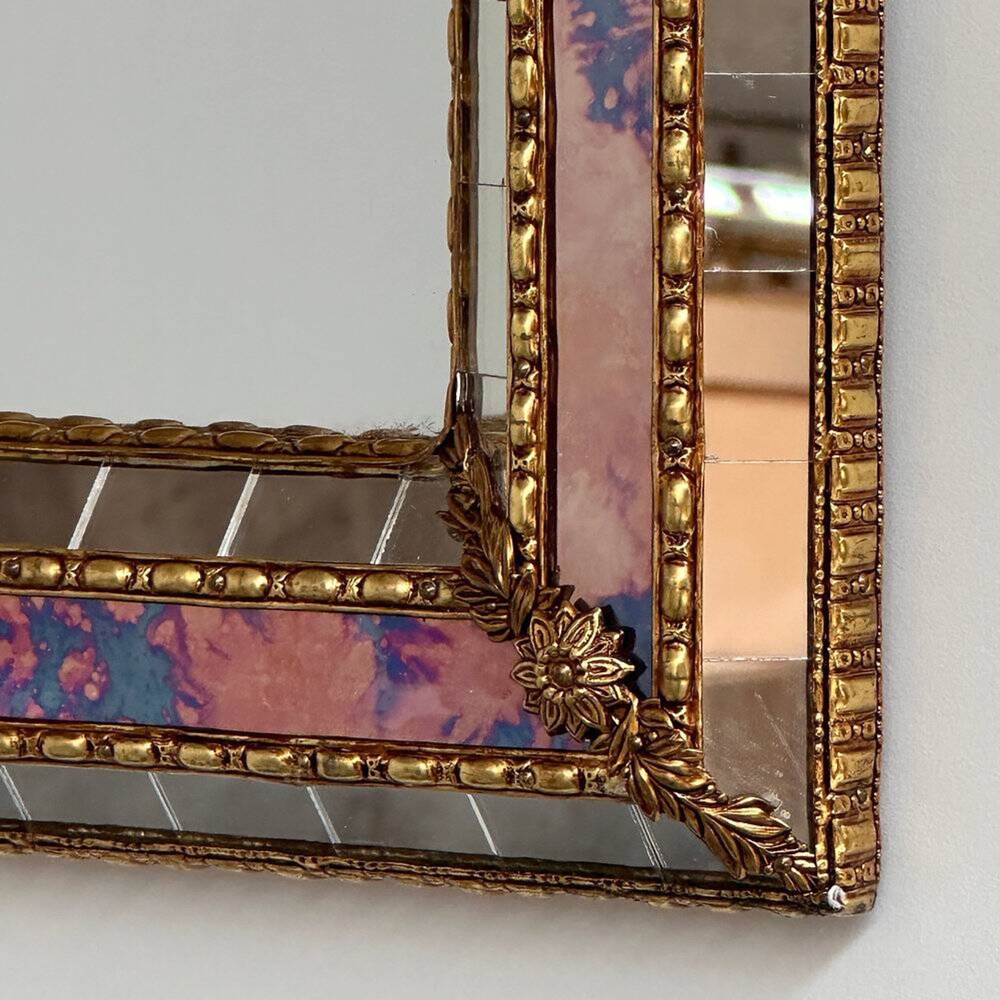 Small Spanish brass & mosaic mirror with stained pink glass, 1980s