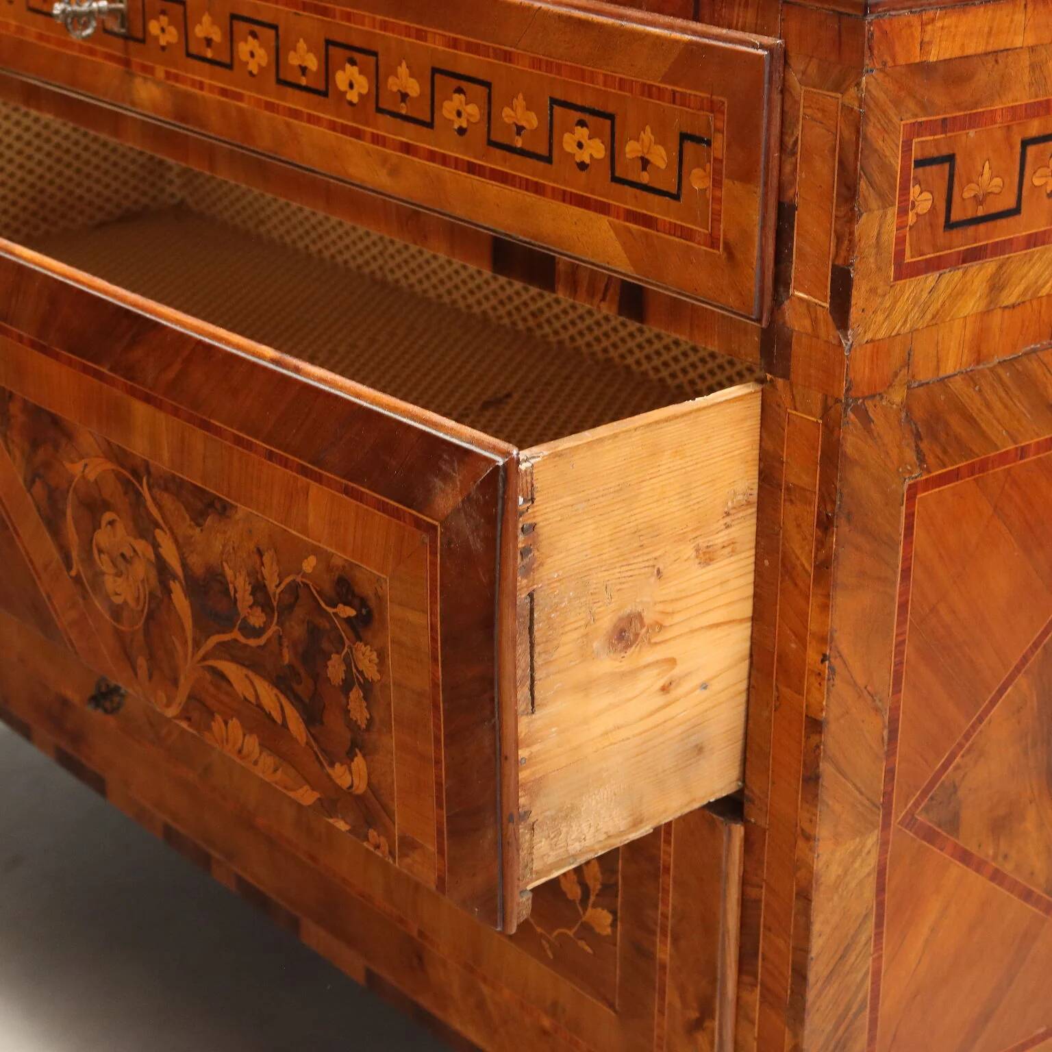 Pair of antique neoclassical walnut commodes from the 18th century.