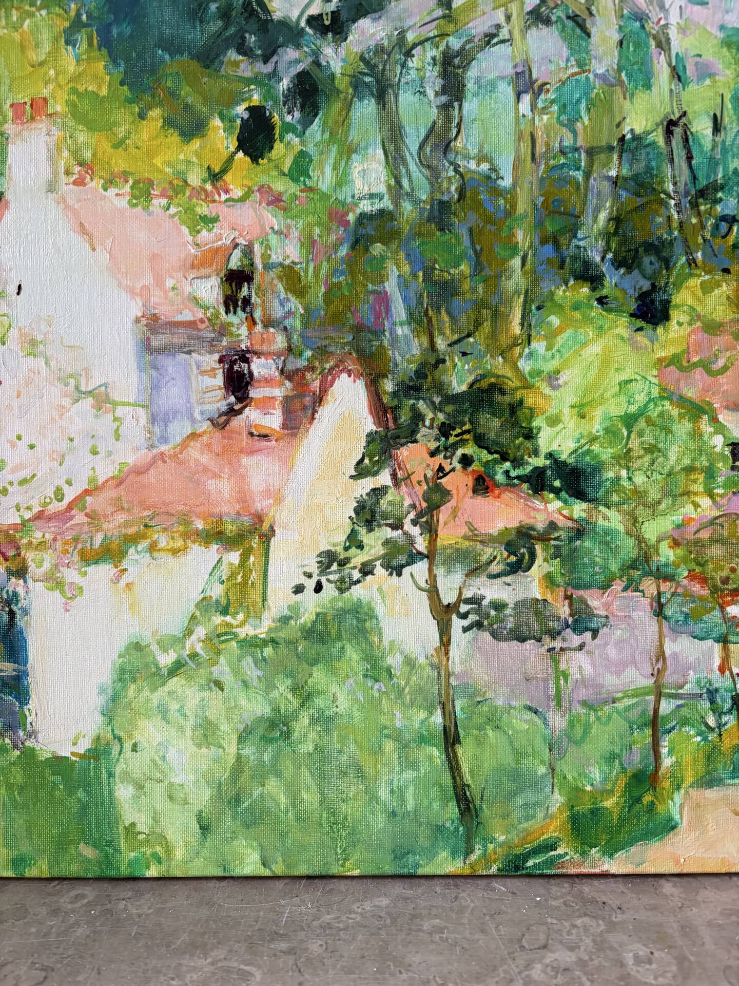 Village with pink roofs, oil on canvas signed Claude Jousset.